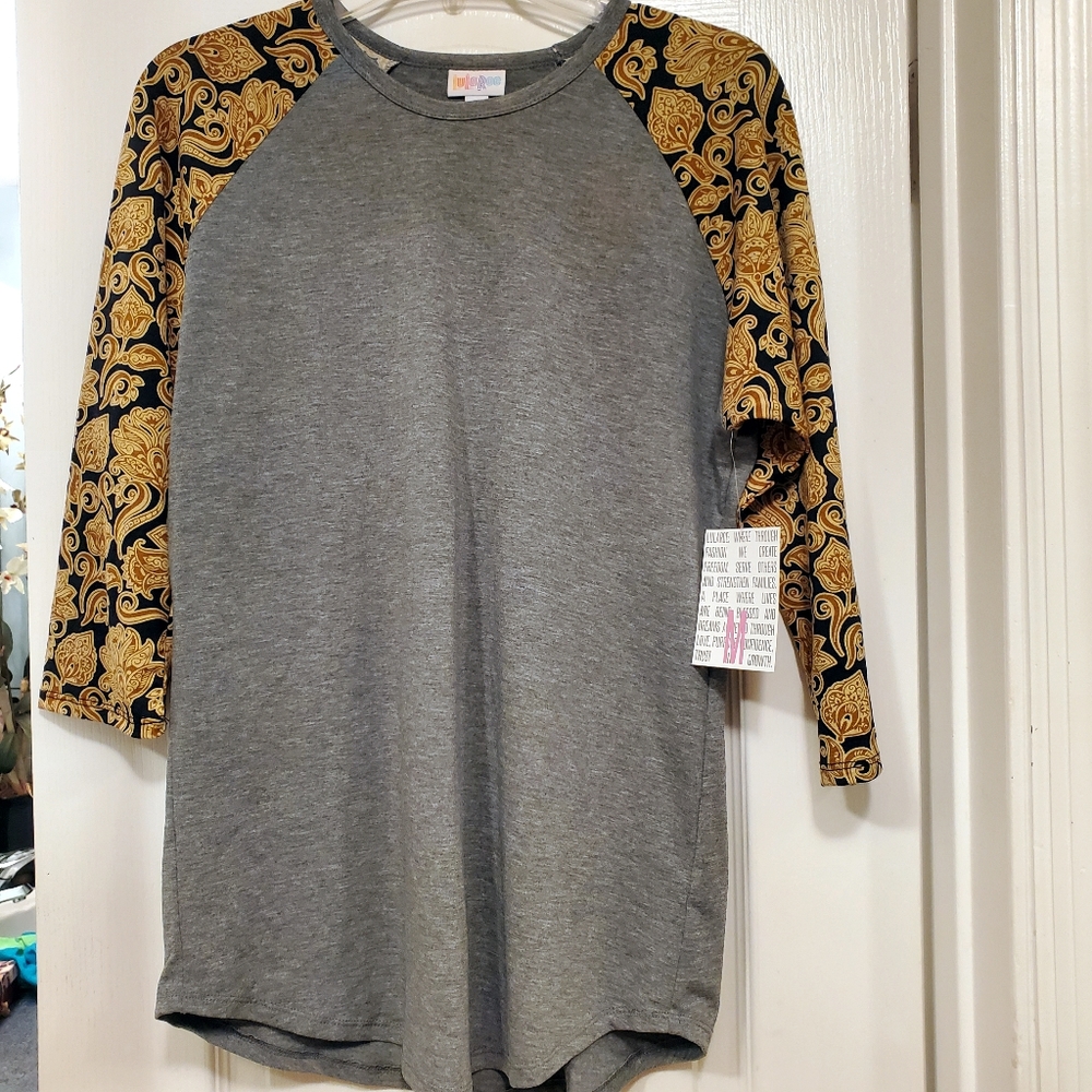 Lularoe M Randy Raglan Baseball T Gray Black Gold Floral Scrolls NWT